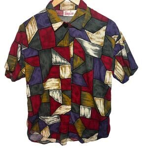 Vtg Penny Lane Women's Size M Rayon Button Up Shirt Top Geometric Shoulder Pads